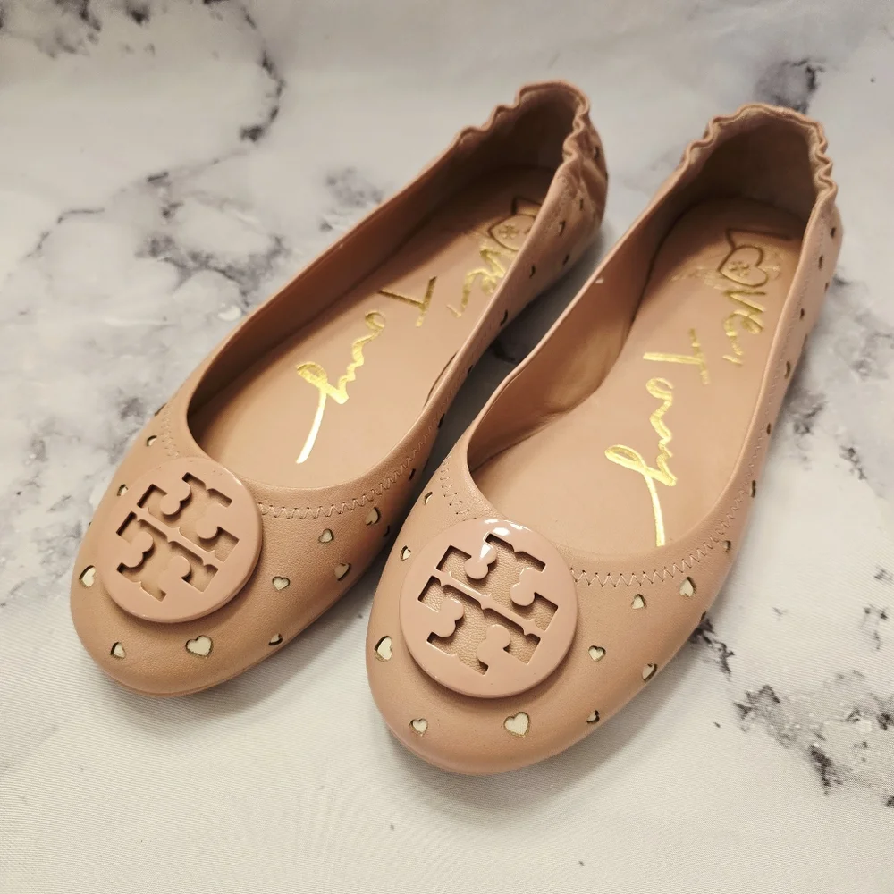 HTF Tory Burch Minnie Heart Cut-Out Ballet Flat Pink Moon Cream LIMITED EDITION